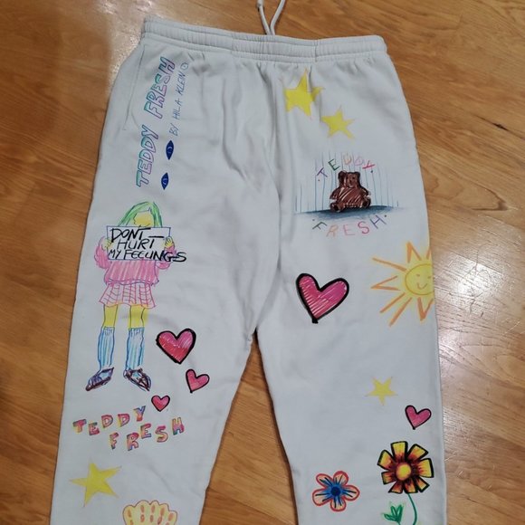 RARE- Teddy Fresh White DOODLE Jogger Sweatpants Don't Hurt My Feelings SZ L - Picture 1 of 16